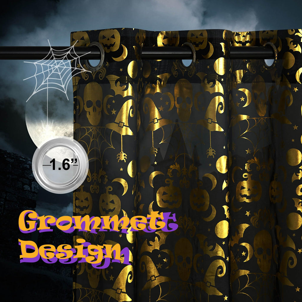 NICETOWN Halloween Curtains 84 Inches Long Scary Skull Sheer Curtains with Spooky Skeleton Pumpkin Party Decorations Window Treatment for Indoor & Ourdoor, Grommet Design, W52 x L84, Black, 2 Panels