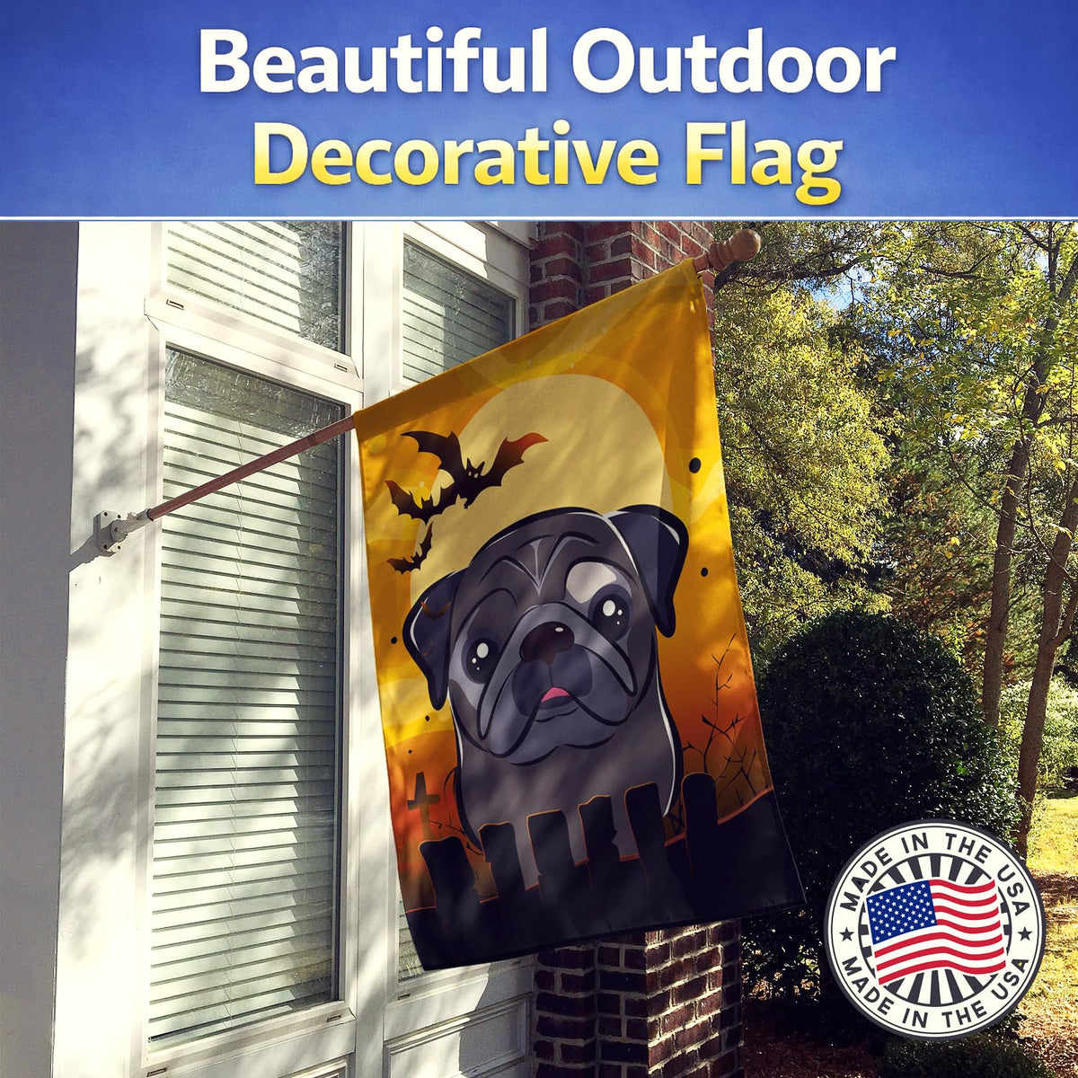 Caroline's Treasures BB1821CHF Halloween Black Pug Canvas House Size Flag, Multicolor, Large