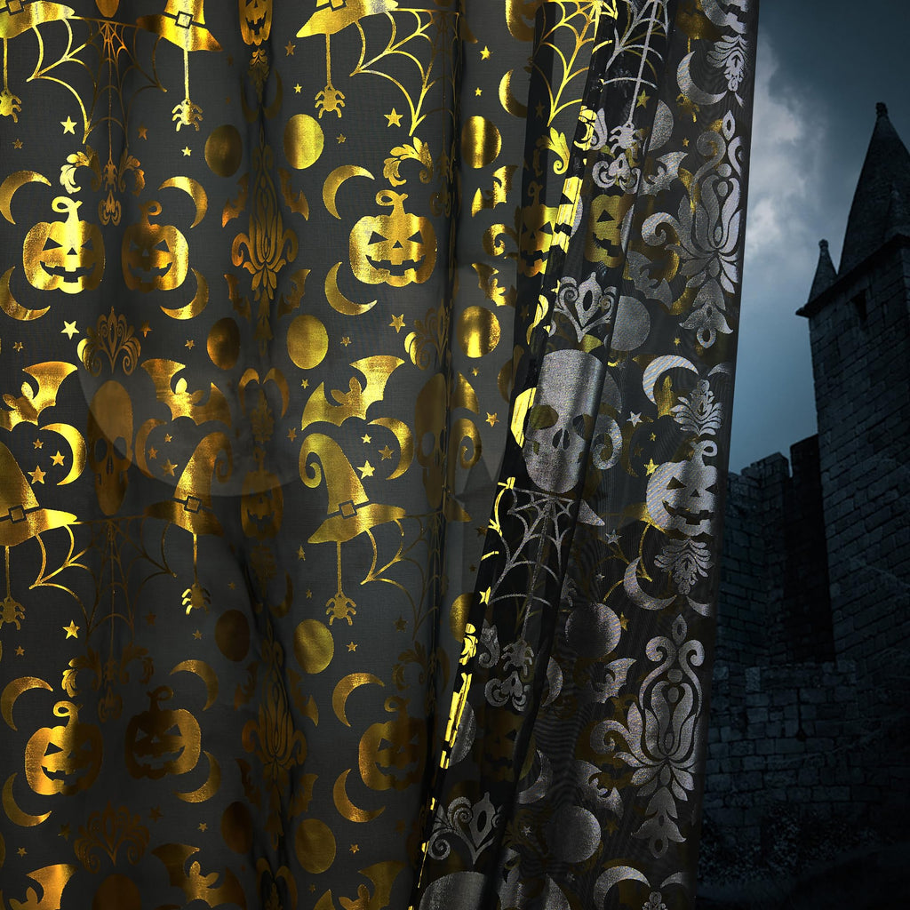 NICETOWN Halloween Curtains 84 Inches Long Scary Skull Sheer Curtains with Spooky Skeleton Pumpkin Party Decorations Window Treatment for Indoor & Ourdoor, Grommet Design, W52 x L84, Black, 2 Panels